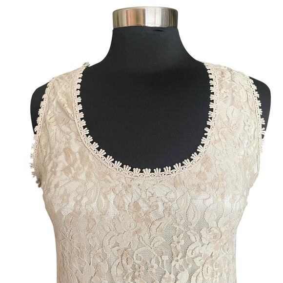 Vertigo Paris Taupe Beige Sheath Dress Tiered Lace Sleeveless MED Fairy Boho - Picture 2 of 9